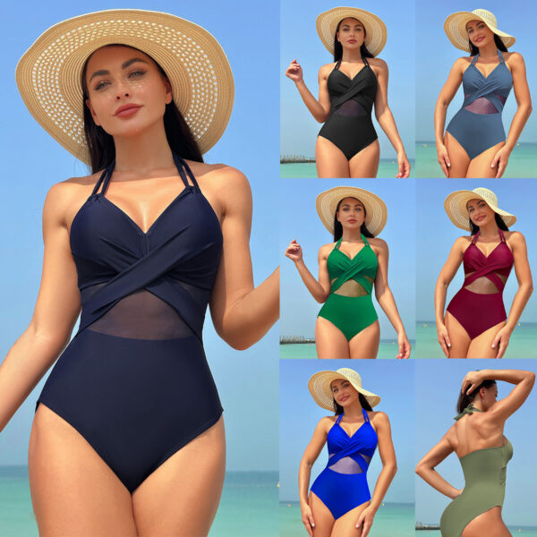 Solid Color Mesh One Piece Swimsuit Women Swimwear