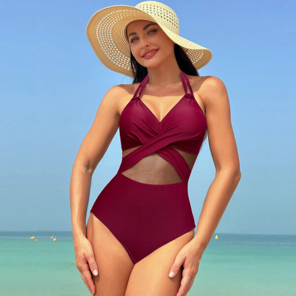 Solid Color Mesh One Piece Swimsuit Women Swimwear - Image 6