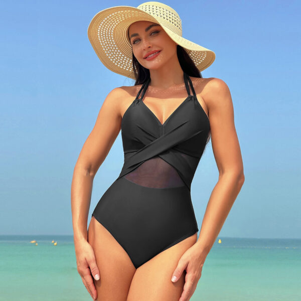 Solid Color Mesh One Piece Swimsuit Women Swimwear - Image 2