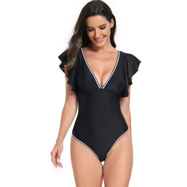 Women's Ruffle Sleeve Swimsuit Tight Fitted Deep V Neck Contrast Trim Tummy Control Bathing Suit for Beach Swimming Wear - Image 2