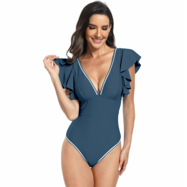 Women's Ruffle Sleeve Swimsuit Tight Fitted Deep V Neck Contrast Trim Tummy Control Bathing Suit for Beach Swimming Wear - Image 7