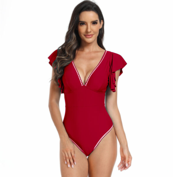 Women's Ruffle Sleeve Swimsuit Tight Fitted Deep V Neck Contrast Trim Tummy Control Bathing Suit for Beach Swimming Wear - Image 6
