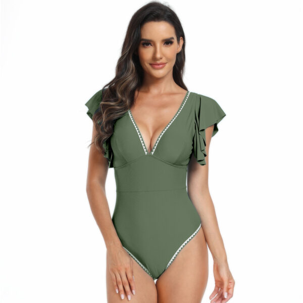 Women's Ruffle Sleeve Swimsuit Tight Fitted Deep V Neck Contrast Trim Tummy Control Bathing Suit for Beach Swimming Wear - Image 5
