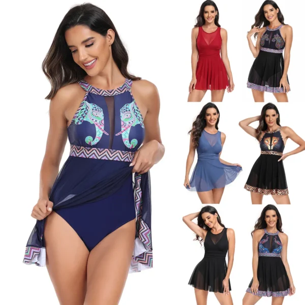 New one-piece swimsuit female Europe and the United States Amazon sports large size mesh skirt